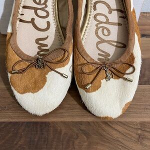 Sam Edelman Calf Hair Cow Print Ballet Flats Bow Brown Cream Size 8 Designer Lux